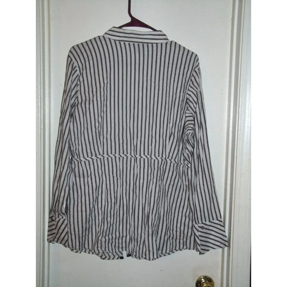 Ashley Stewart Black White Striped Long Sleeve Button Front Top 16W‎